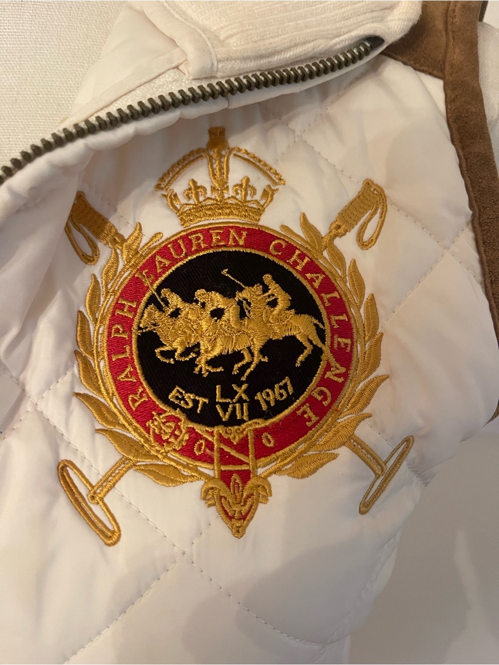 Ralph Lauren Cream Quilted Vest with Brown Trim and Embroidered Crest